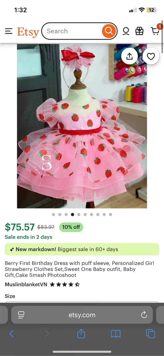 Strawberry Birthday Dress with puff sleeve image indicator(2)