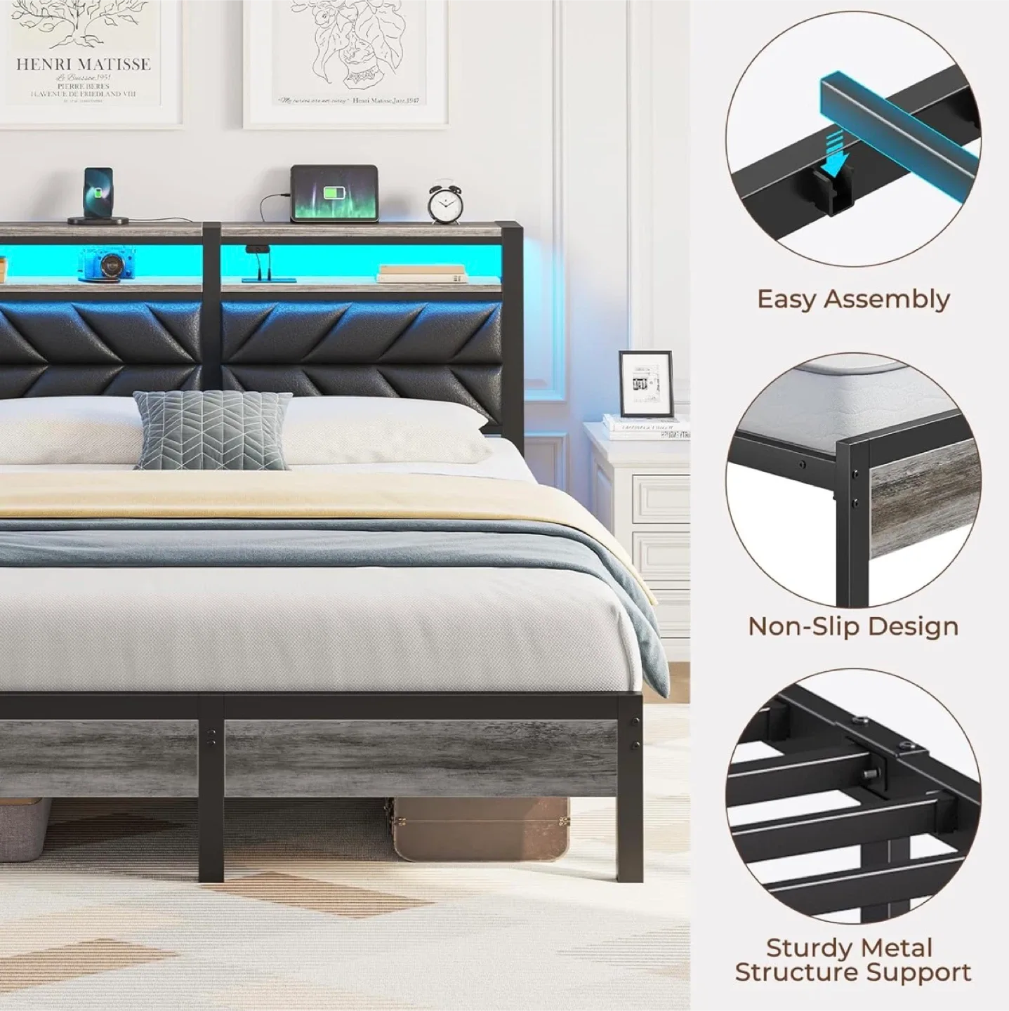 Full Size Bed Frame with Storage Headboard & RGB LED Lights image indicator(6)