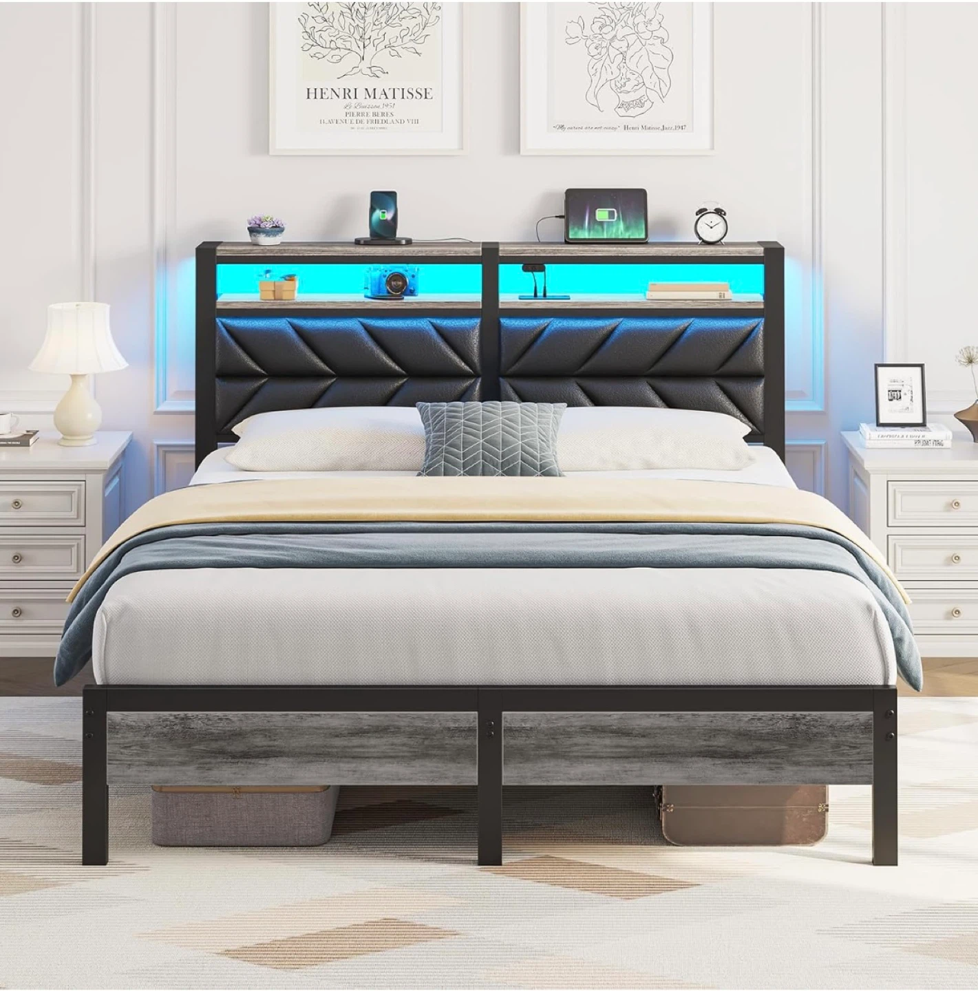 Full Size Bed Frame with Storage Headboard & RGB LED Lights