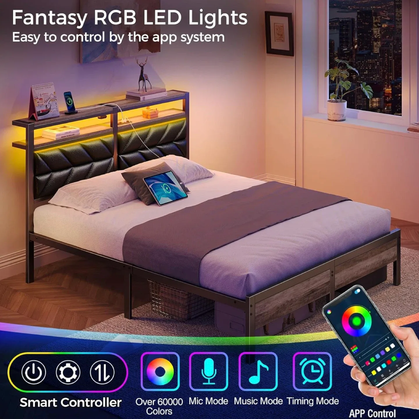 Full Size Bed Frame with Storage Headboard & RGB LED Lights image indicator(3)