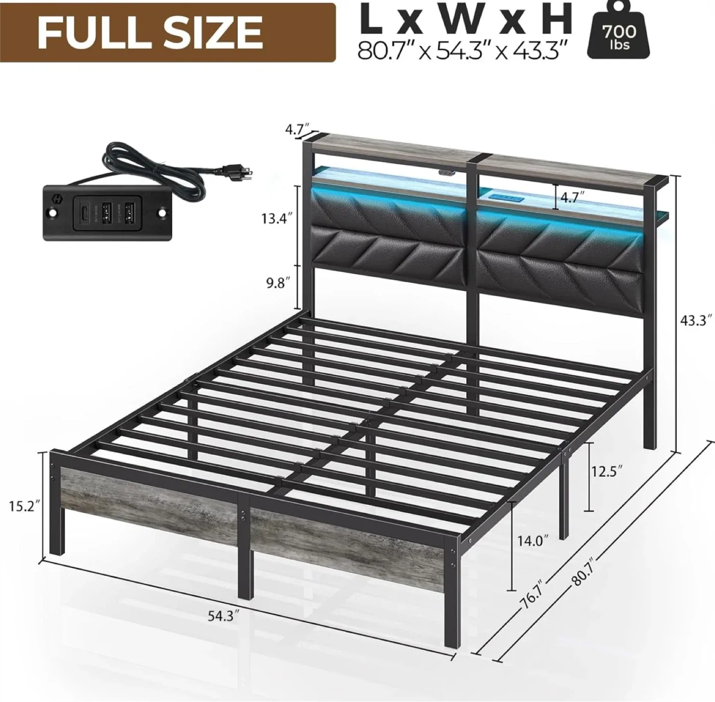 Full Size Bed Frame with Storage Headboard & RGB LED Lights image indicator(2)