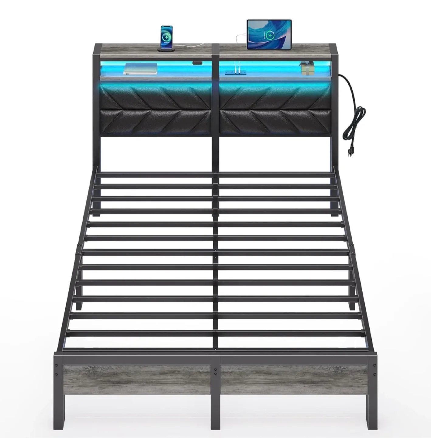Full Size Bed Frame with Storage Headboard & RGB LED Lights image indicator(7)