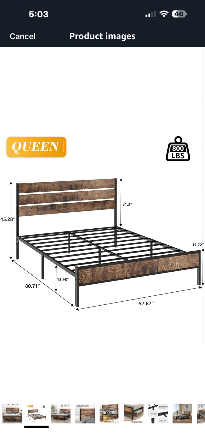 Queen Size Bed Frame - Rustic Wood & Metal - photo 3