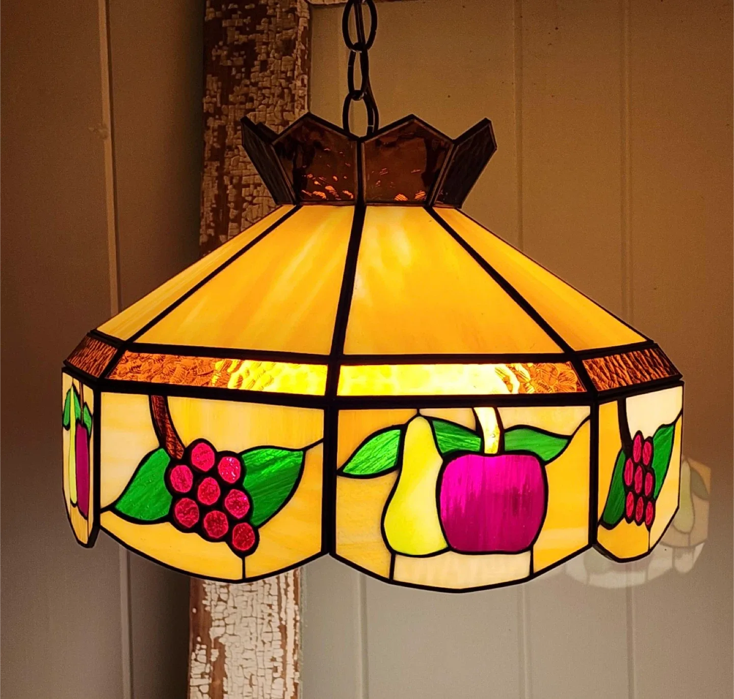 Vintage Tiffany Fruit Theme Hanging Ceiling Lamp Stained Glass
