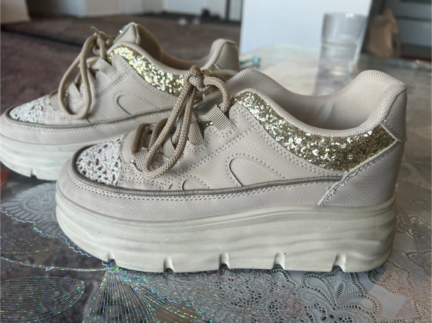 Platform Sneakers - Beige with Gold Glitter