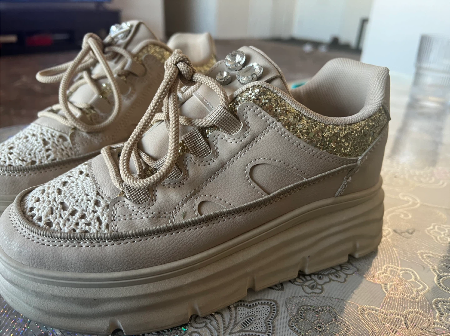 Platform Sneakers - Beige with Gold Glitter - photo 2