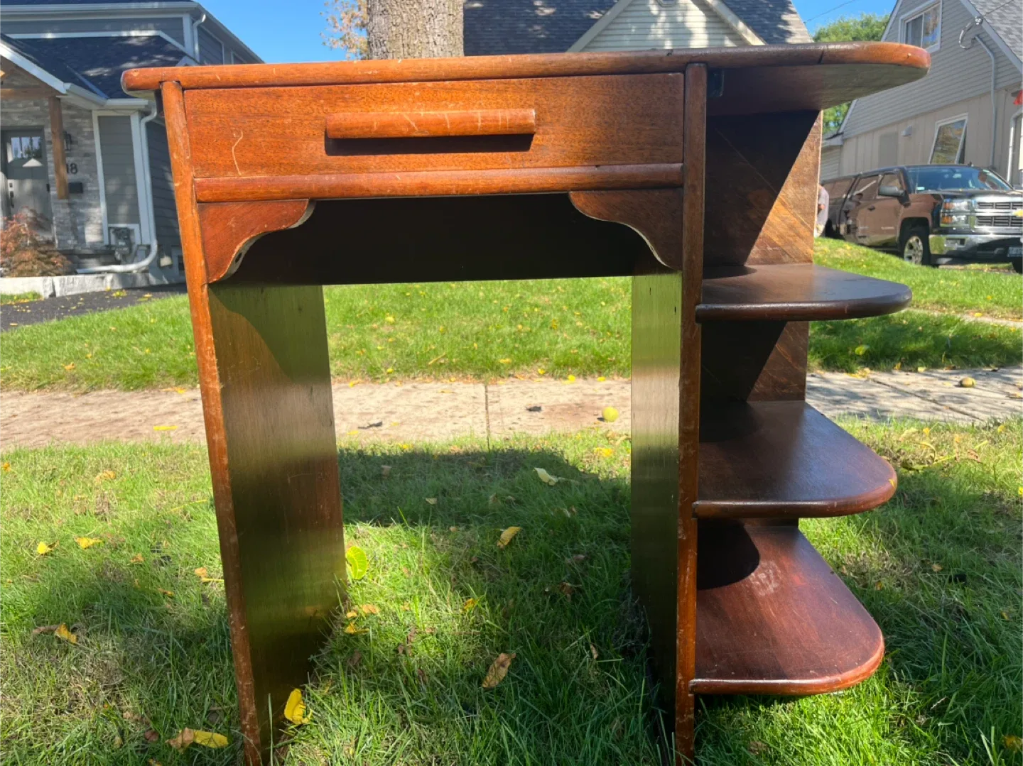 Vintage Wood Desk with Drawer & Shelves thumbnail