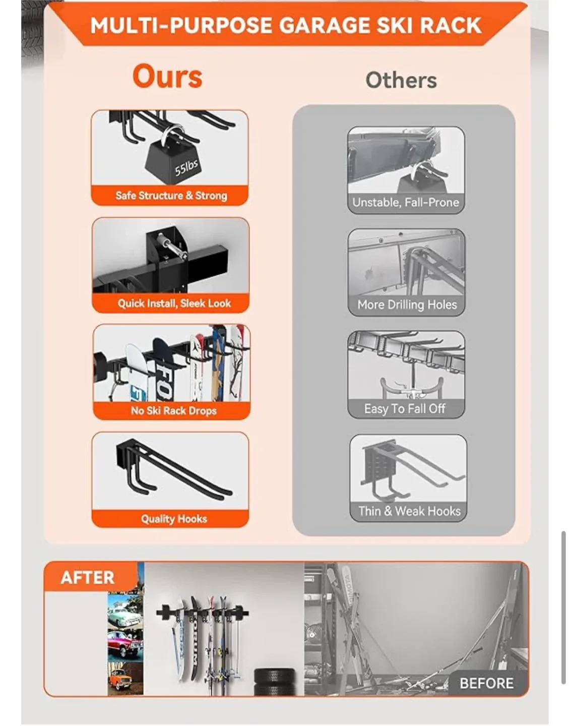 Tdrynl Heavy Duty Ski Wall Rack (2 Hooks) image indicator(2)