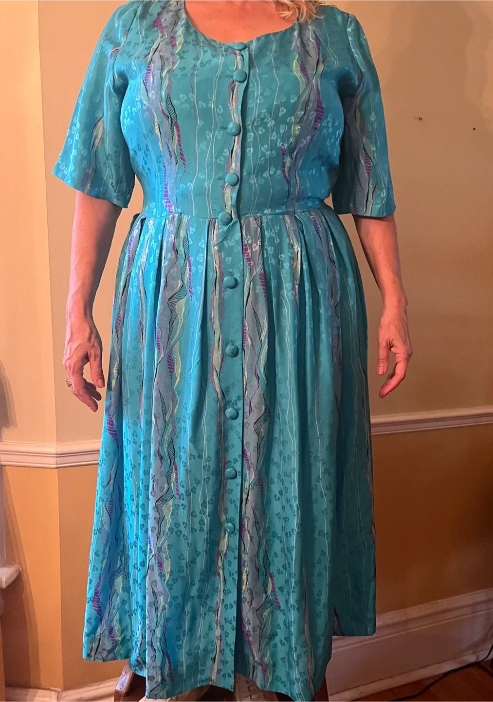 Vintage Teal Silk Button-Down Dress thumbnail