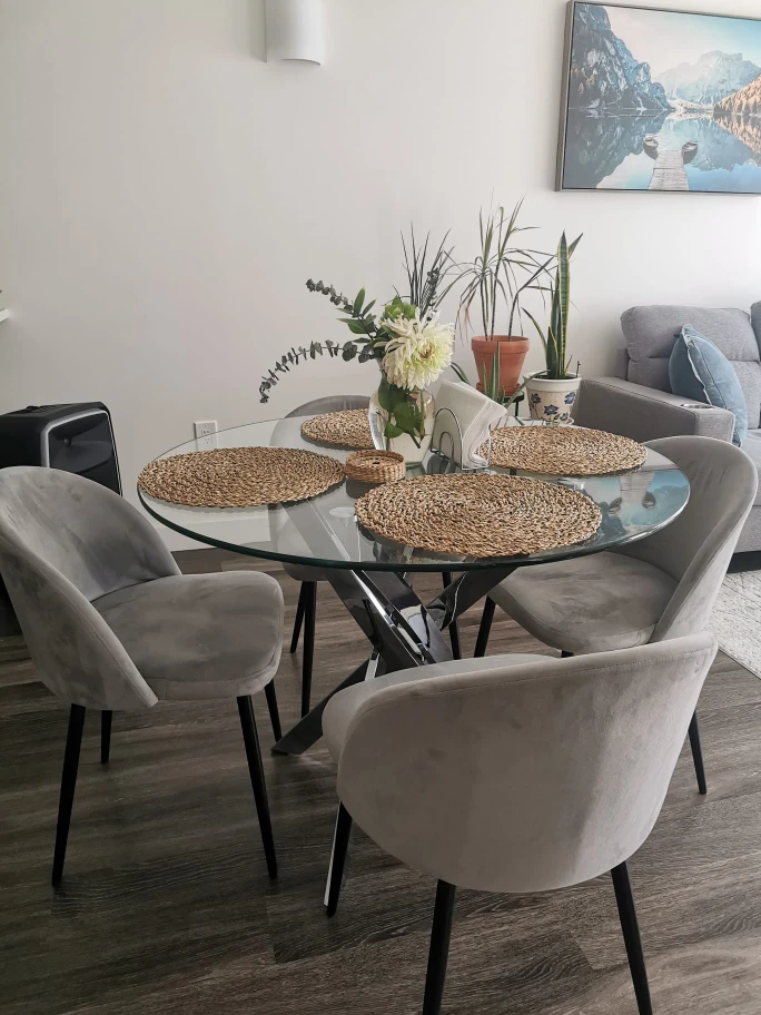 Tempered Glass Round Dining Table with 4 Grey Chairs
