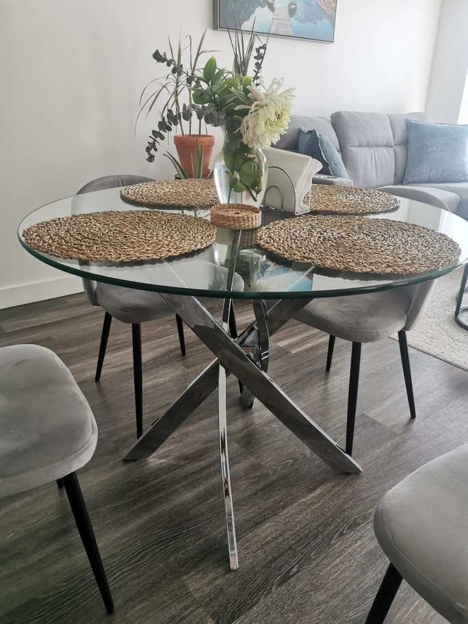 Tempered Glass Round Dining Table with 4 Grey Chairs - photo 2