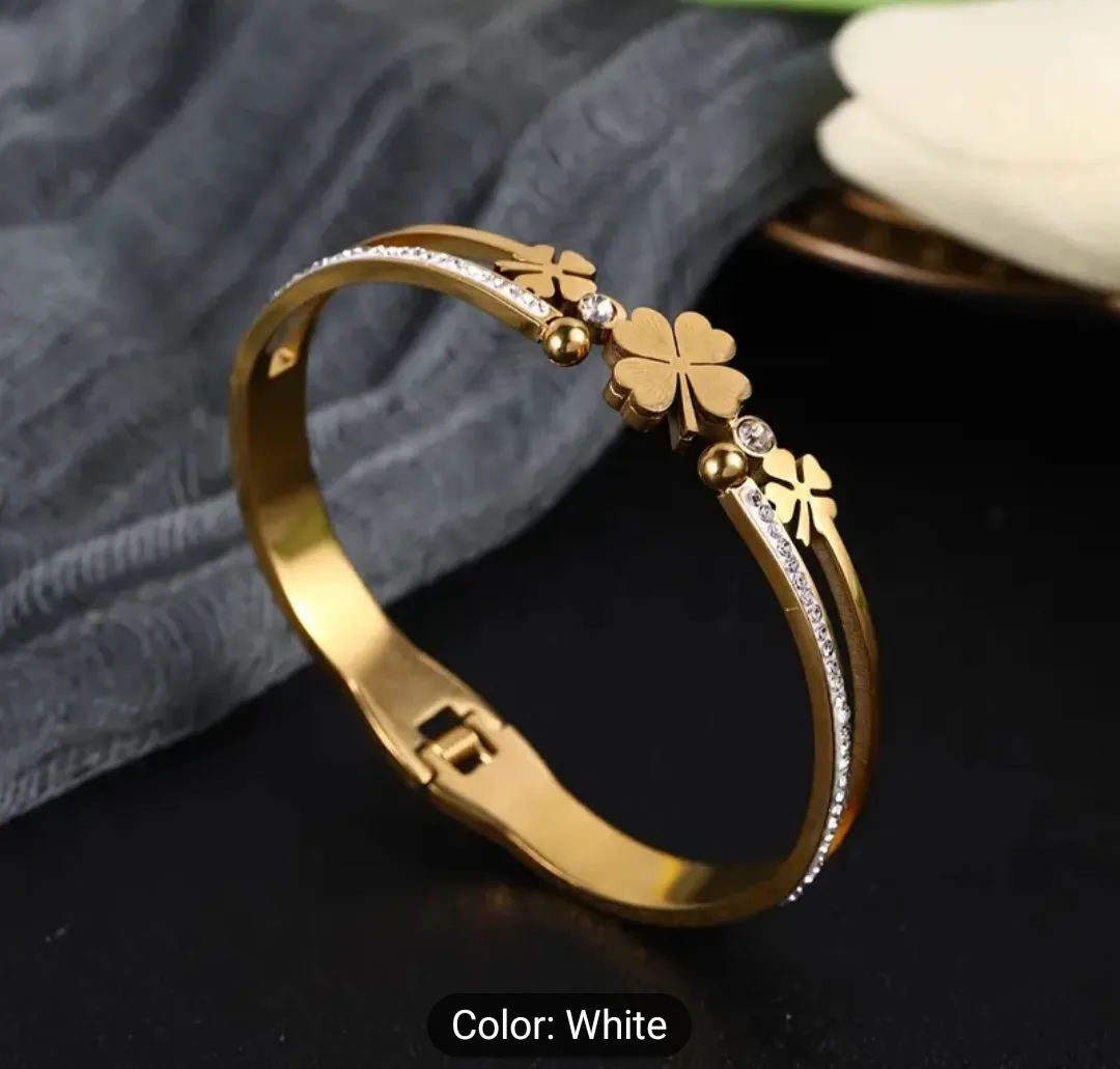 Gold Clover Bangle Bracelet with Rhinestones thumbnail