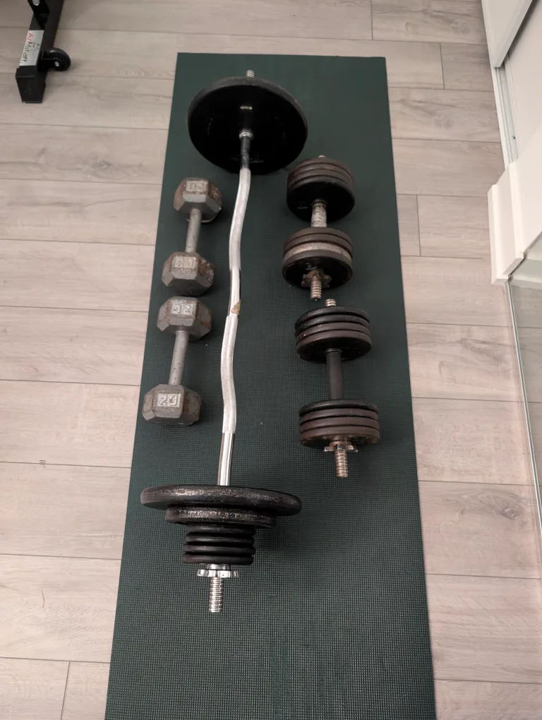 Dumbbells, barbell, weights set