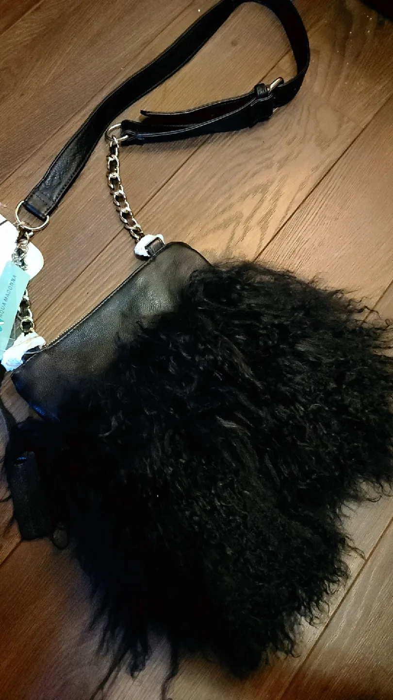 Aqua Madonna Black Mongolian Lamb fur Leather Trim Bag thumbnail