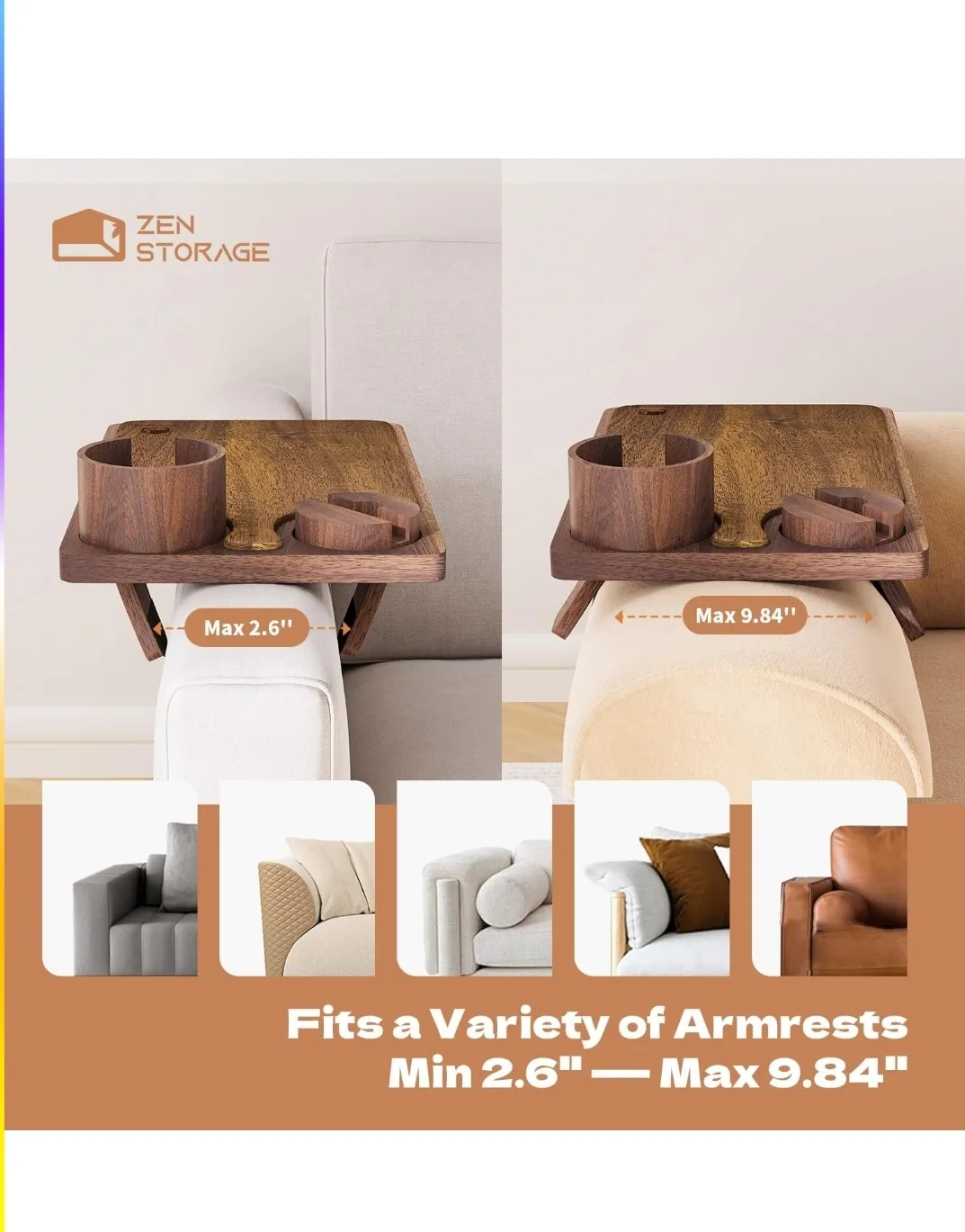 ZenStorage Couch Arm Table 4-in-1 Wood Sofa Tray image indicator(4)