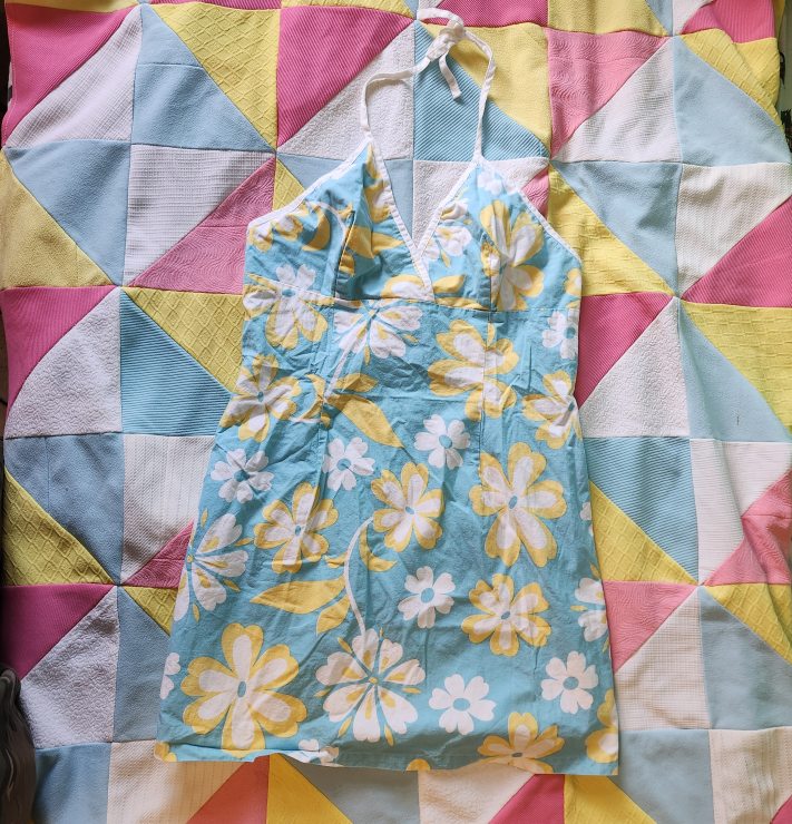 y2k blue floral halter dress