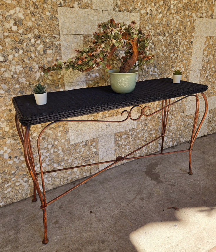 Vintage RattaVintage Rattan Console Table With Wrought Iron Base