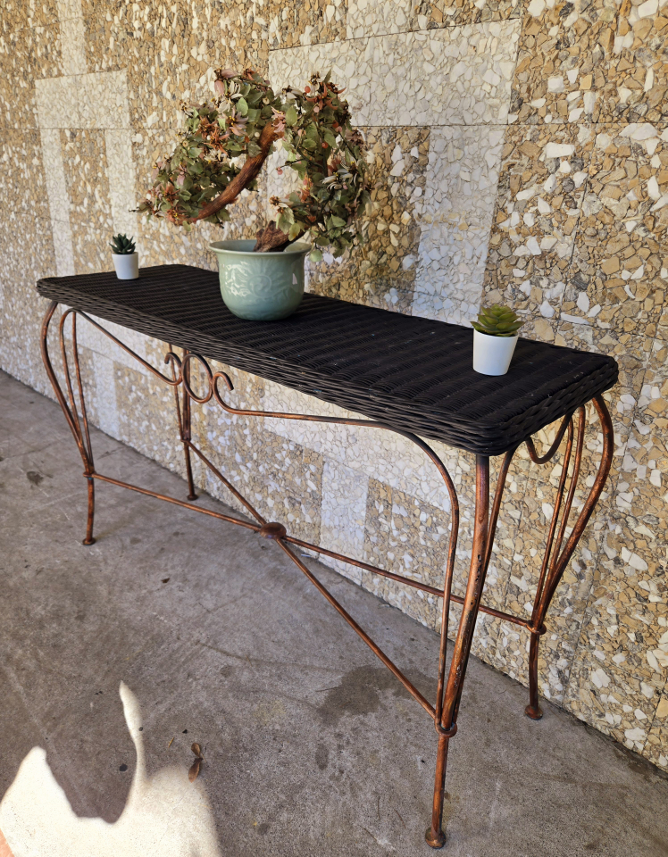 Vintage RattaVintage Rattan Console Table With Wrought Iron Base - photo 2