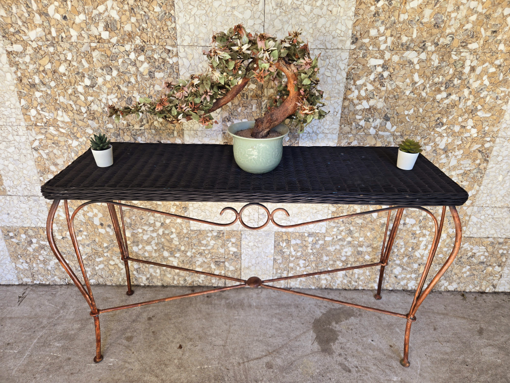 Vintage RattaVintage Rattan Console Table With Wrought Iron Base - photo 4