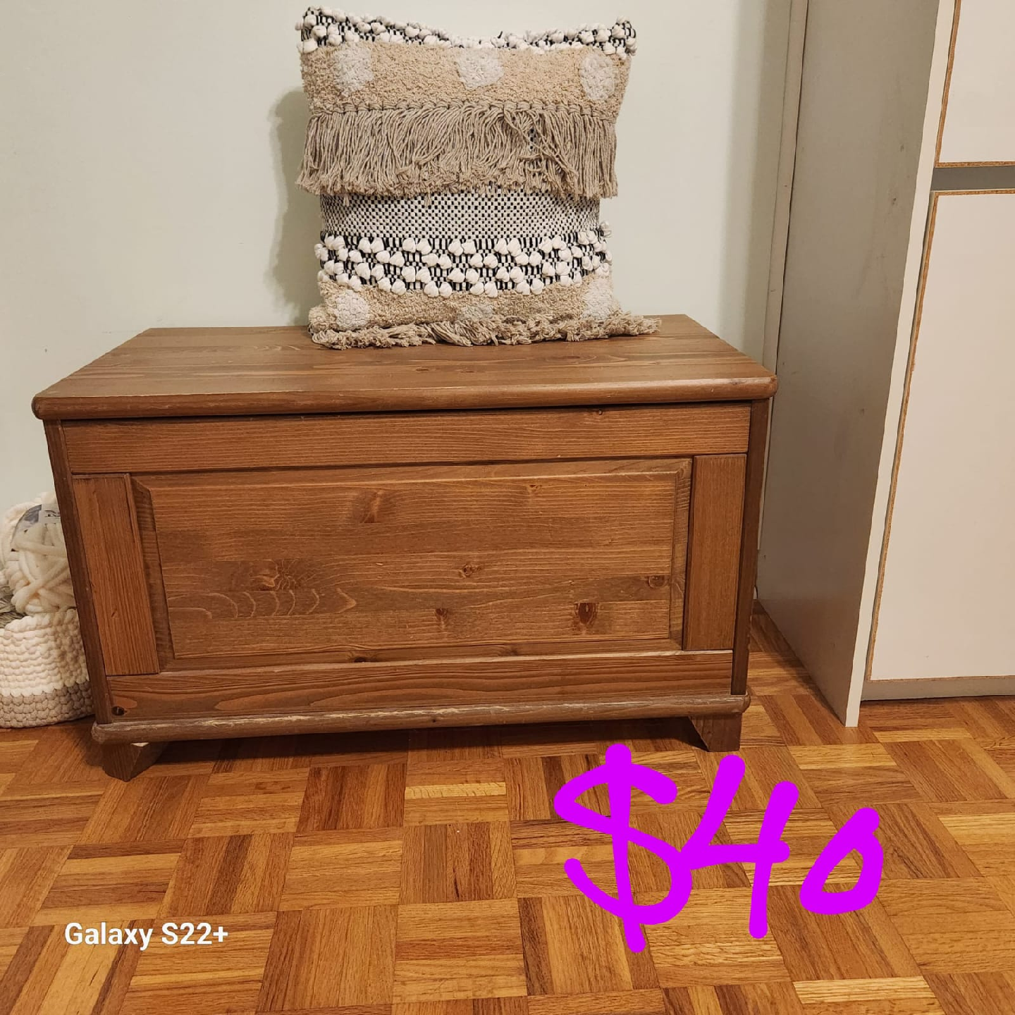 Wooden Storage Chest & Decorative Pillow