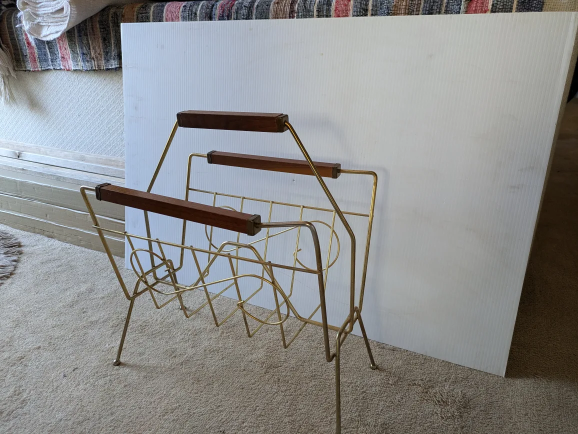 1950s Record / Magazine Holder , ( wire and wood)