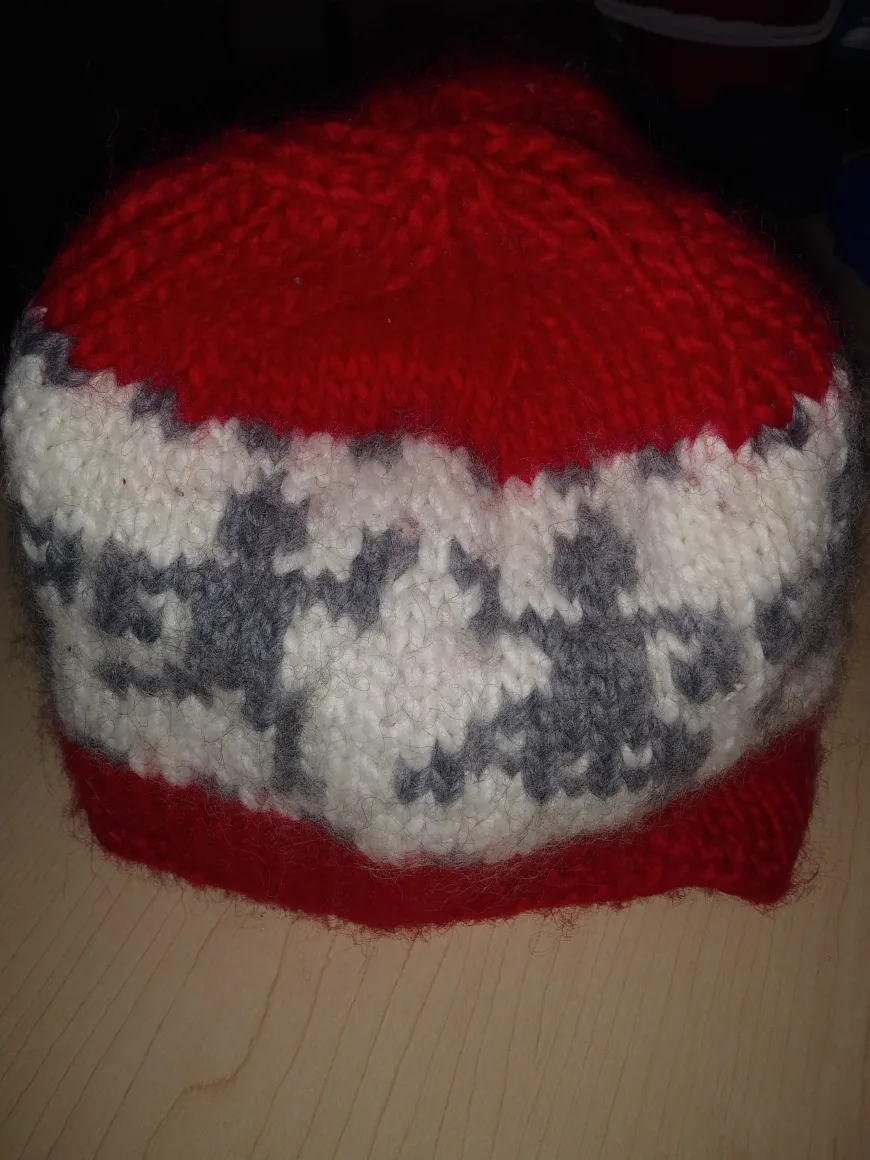 🥕   Handmade Knitted Winter Hat - Red, White, & Grey thumbnail