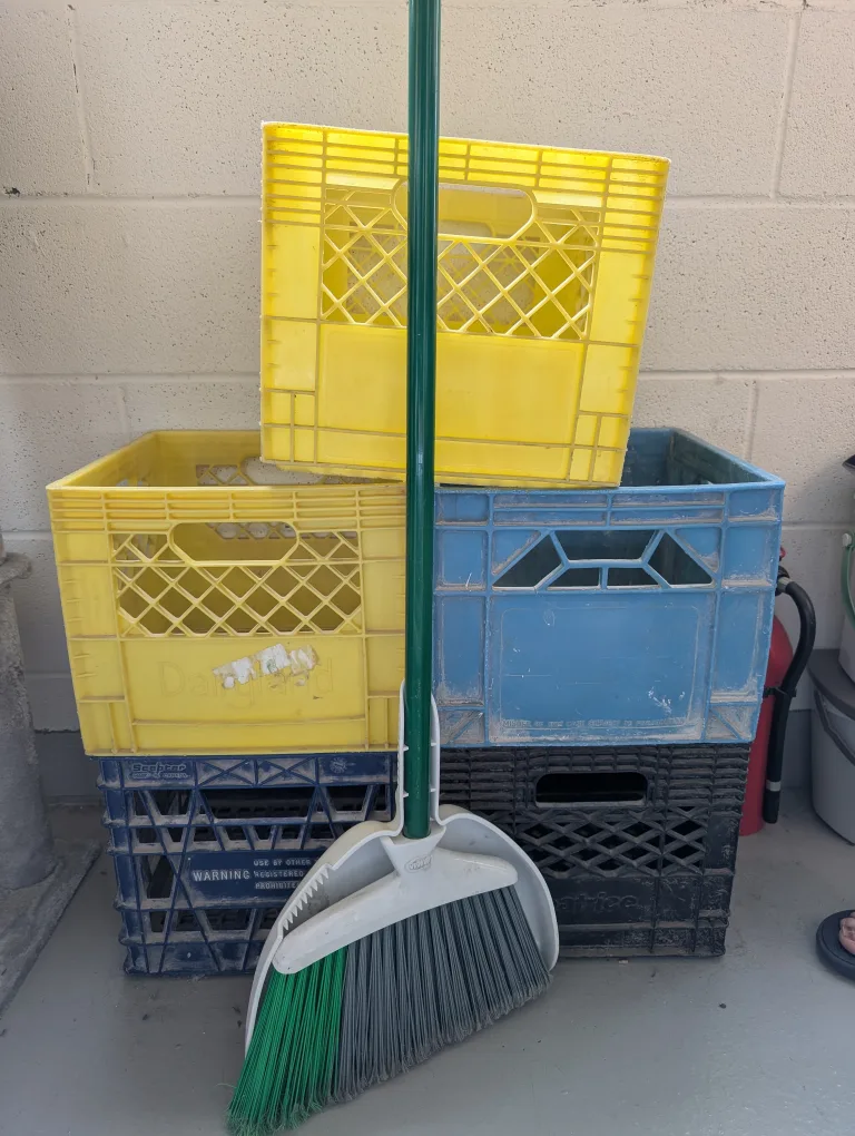 Stackable Milk Crates $2 - Yellow, Blue, Black plus Broom $5 thumbnail