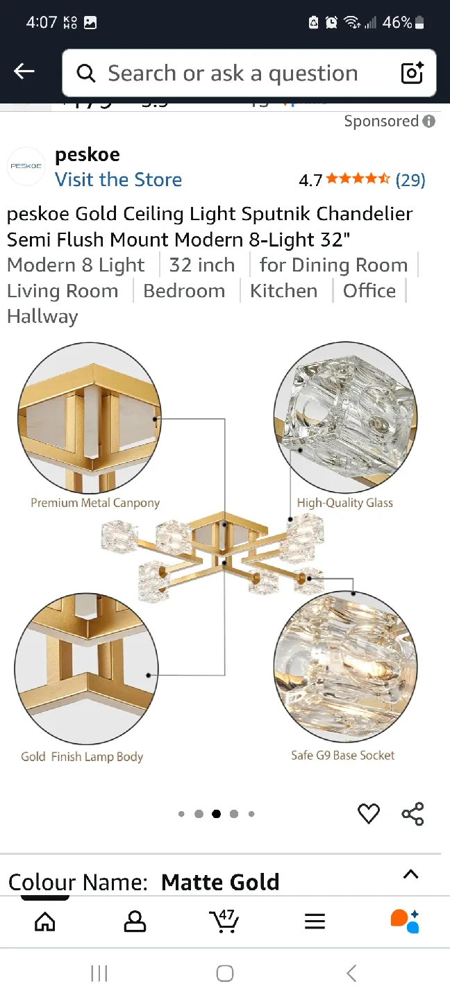 Peskoe Gold Sputnik Chandelier - Modern 8-Light, 32 inch image indicator(4)