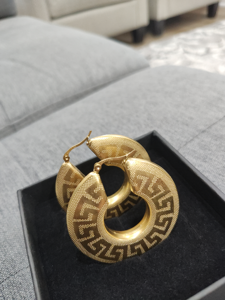 Gold Hoop Earrings with Greek Key Design - photo 2