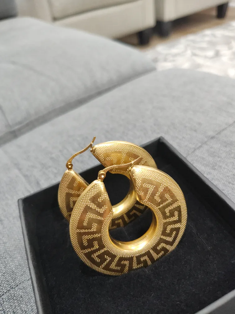 Gold Hoop Earrings with Greek Key Design image indicator(2)