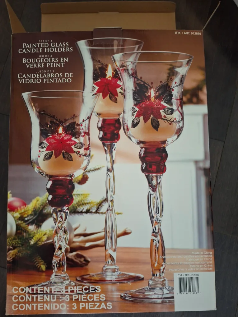 Set of 3 painted glass candle holders thumbnail
