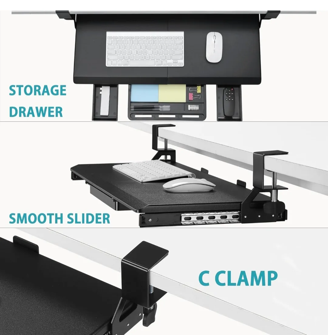 ETHU Under Desk Keyboard Tray 45° Adjustable C Clamp Black image indicator(5)