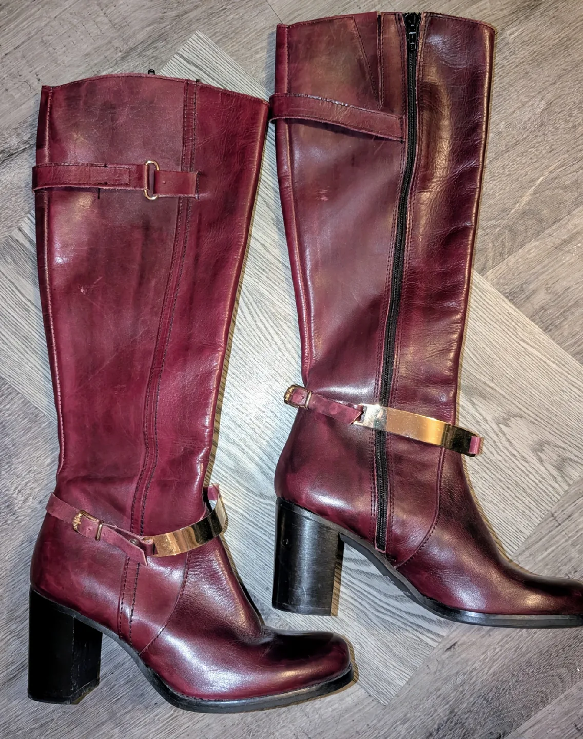 Burgundy Leather Tall Boots - Size 6