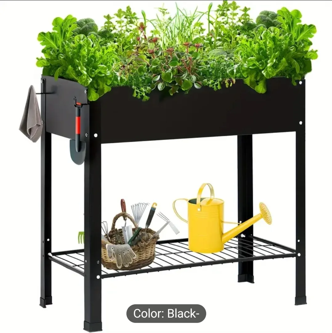 Black Raised Garden Bed with Storage Shelf image indicator(2)