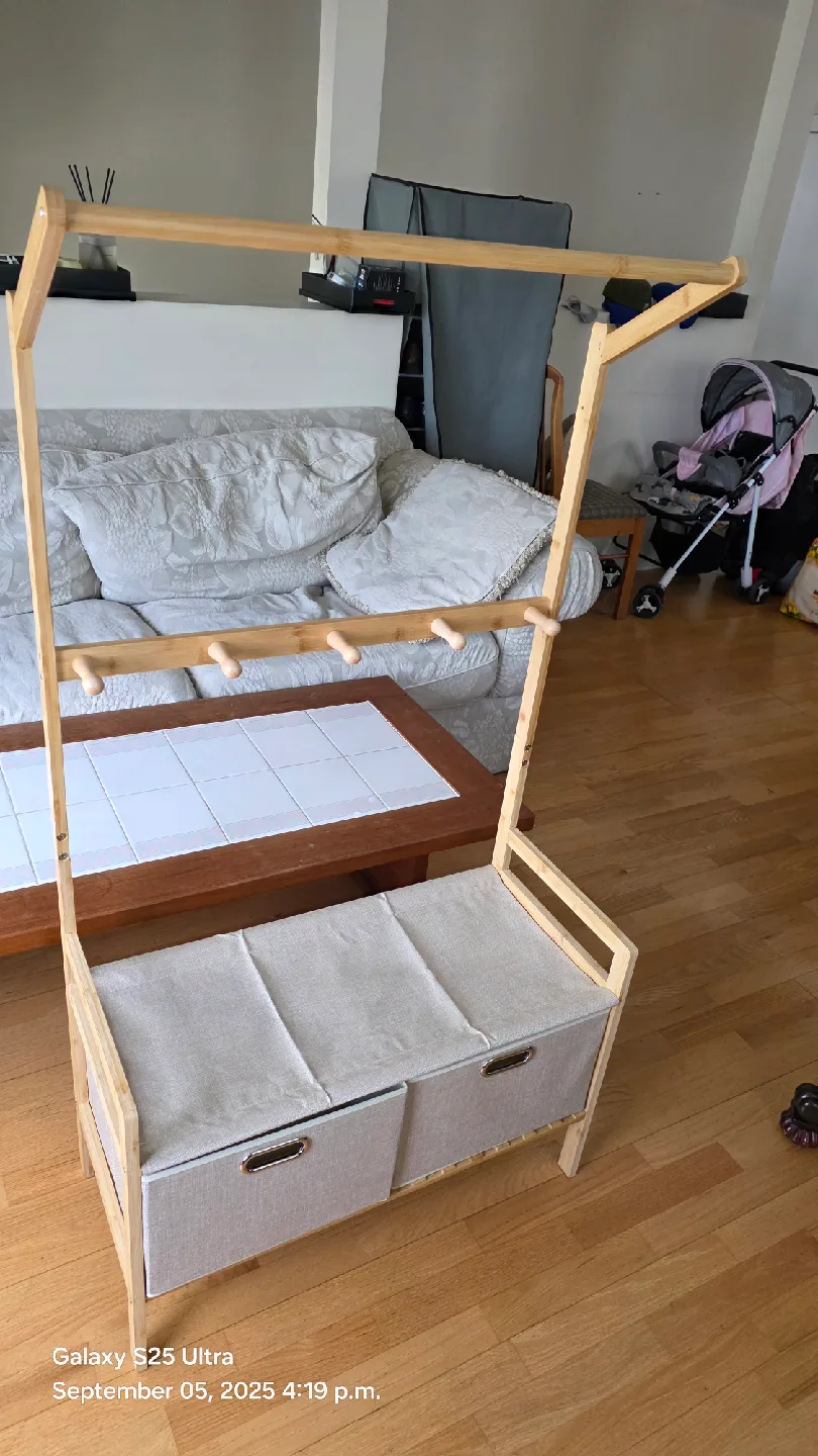 Kids’ wooden clothes rack with storage thumbnail