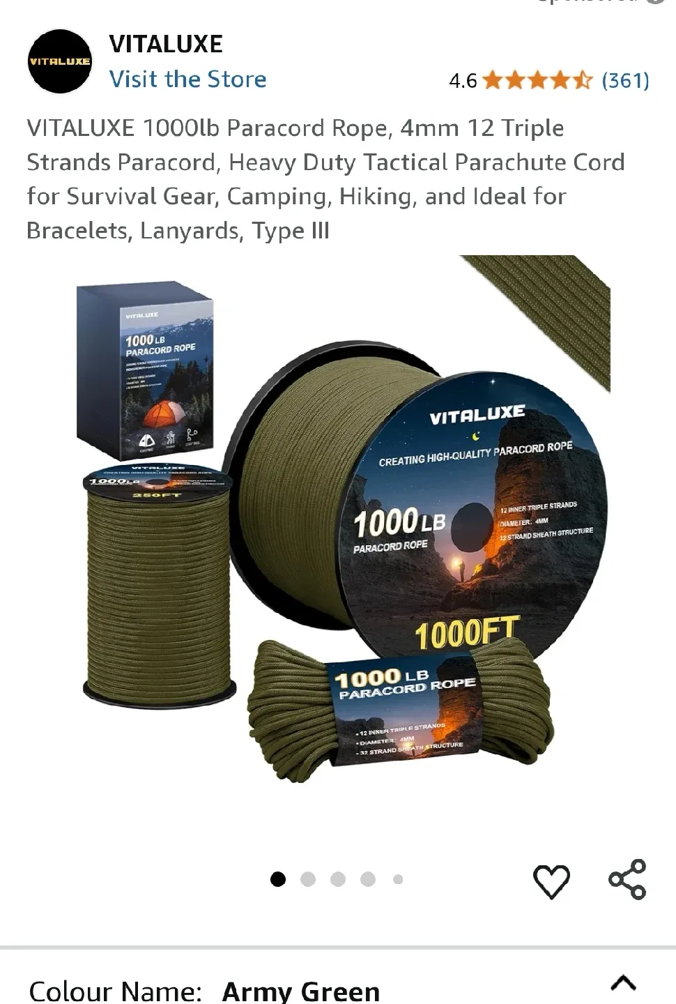VITALUXE 1000lb Paracord Rope - Army Green, 1000ft thumbnail