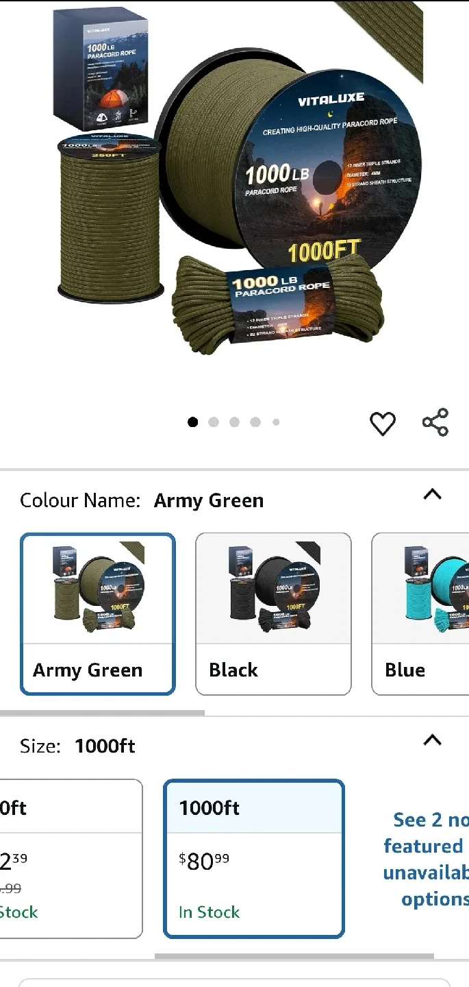 VITALUXE 1000lb Paracord Rope - Army Green, 1000ft image indicator(2)