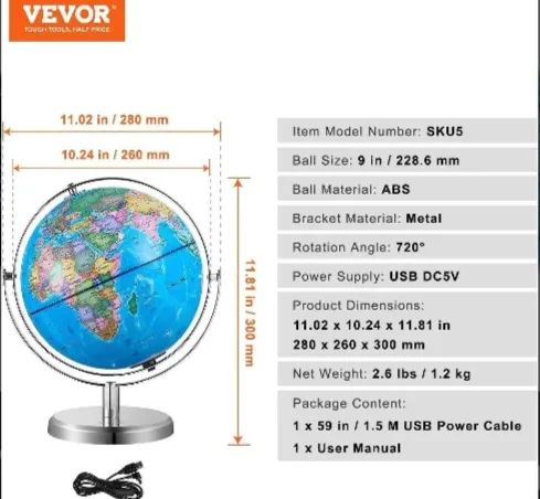 Vevor 9" Illuminated World Globe image indicator(4)