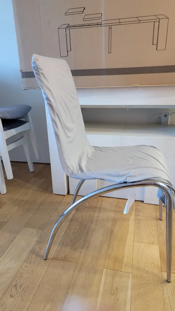 4 White Dining Chairs with Gray Covers image indicator(3)