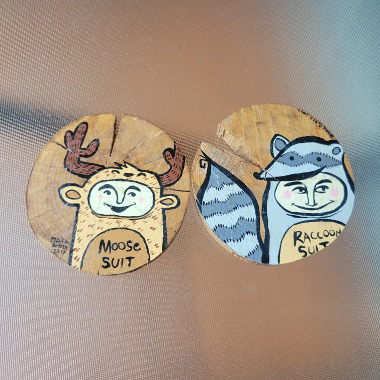 Hand-Painted Wood Slice Art - Moose & Raccoon thumbnail