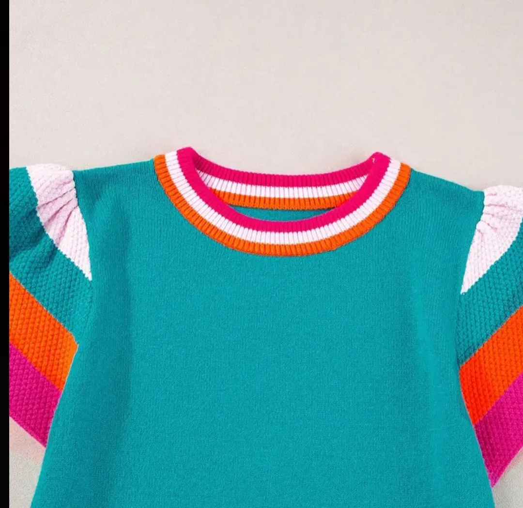 BRAND NEW Turquoise Knit Top with Colourful Trim & sleeves thumbnail