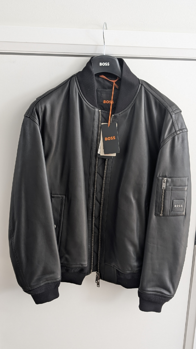 Hugo Boss 'Juge' Black Leather Bomber Jacket