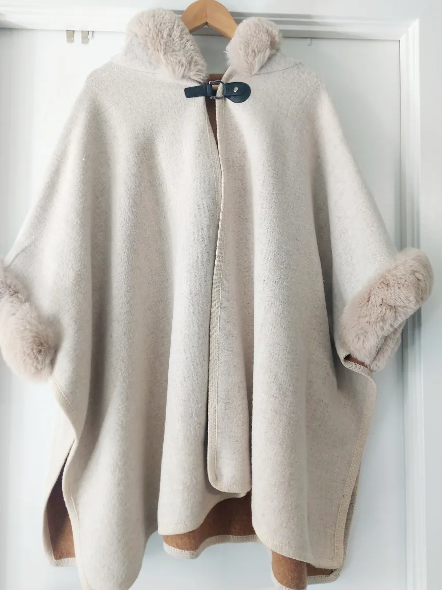 Hooded Cape with Faux Fur Trim - Beige thumbnail