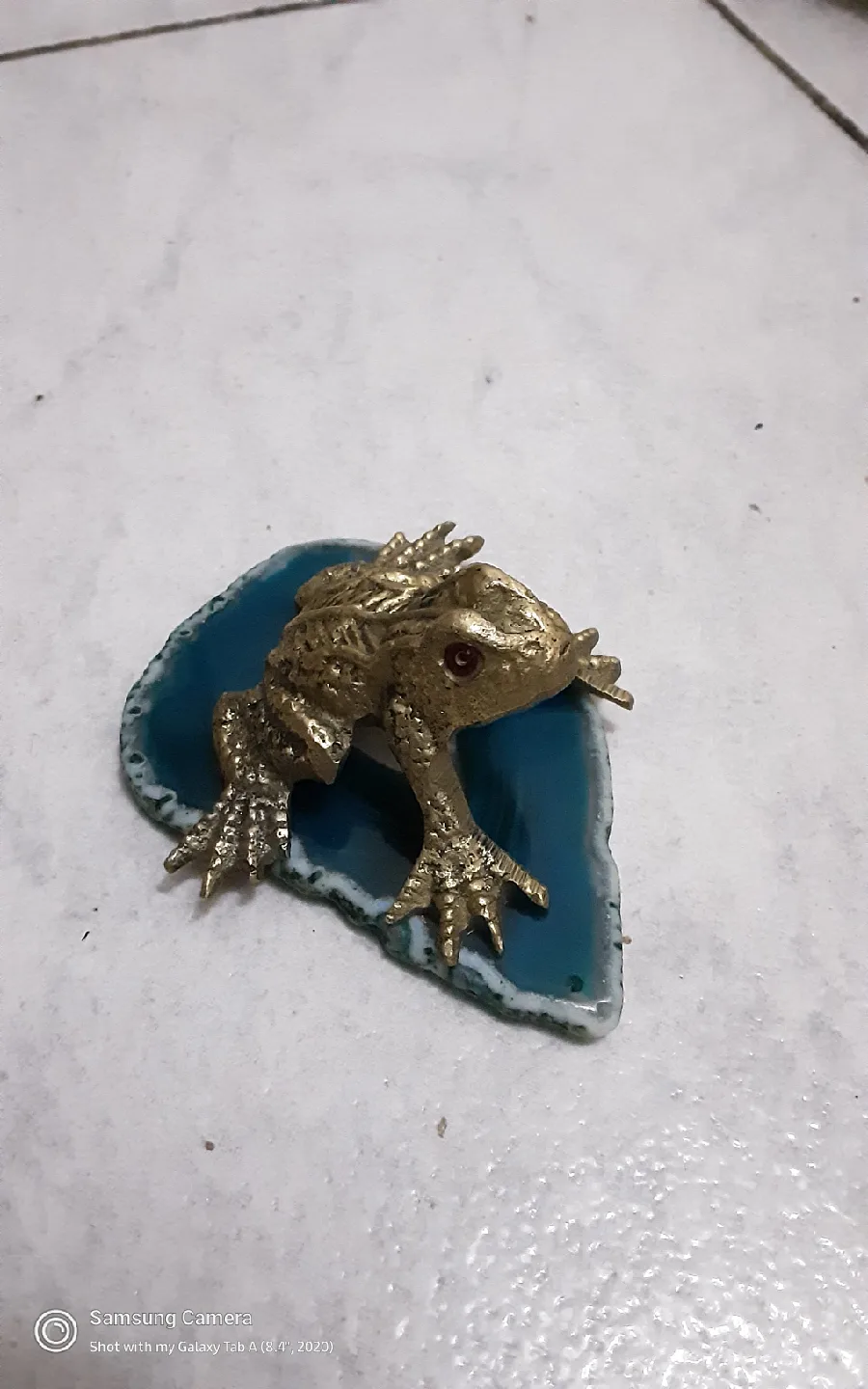 Frog  brass  Figurine on Blue  agate thumbnail