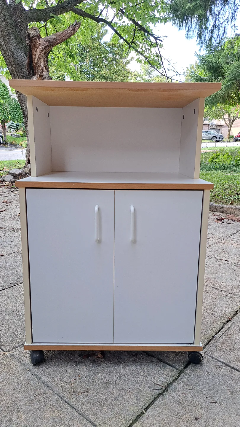 Microwave Stand – White Cabinet with Doors, Shelves, and Wheels image indicator(3)