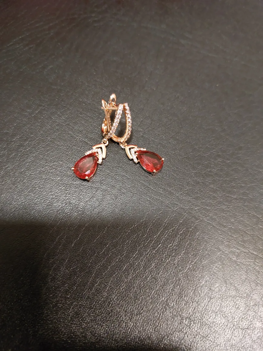 14 k gold Drop Earrings with Red Stone thumbnail