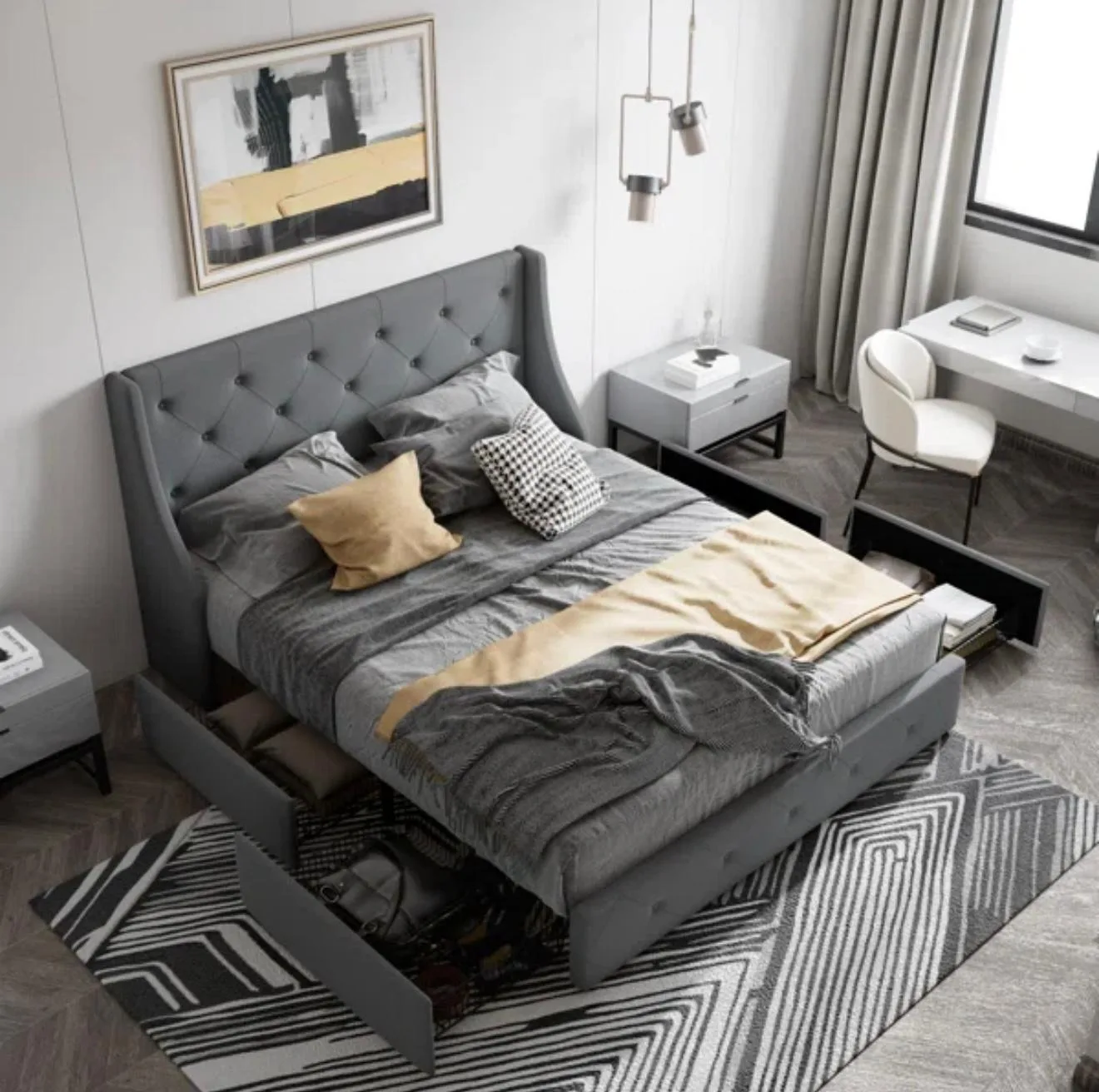 King Size Grey Upholstered Bed Frame image indicator(2)