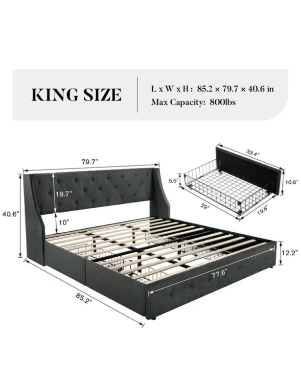 King Size Grey Upholstered Bed Frame image indicator(3)