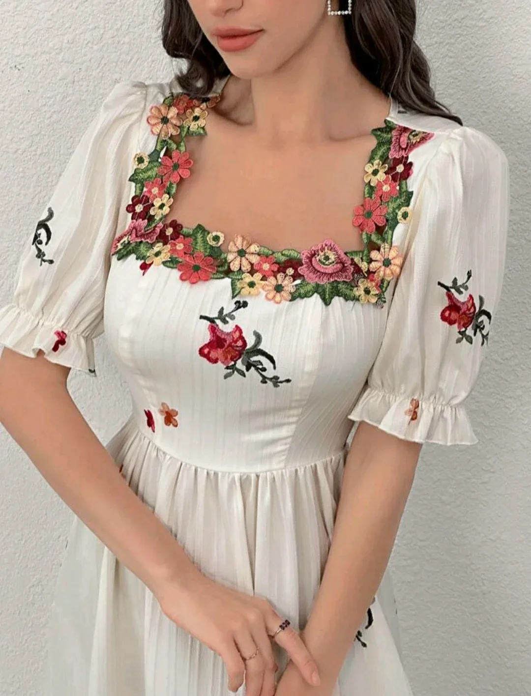 Floral Embroidered Square Neck Dress thumbnail