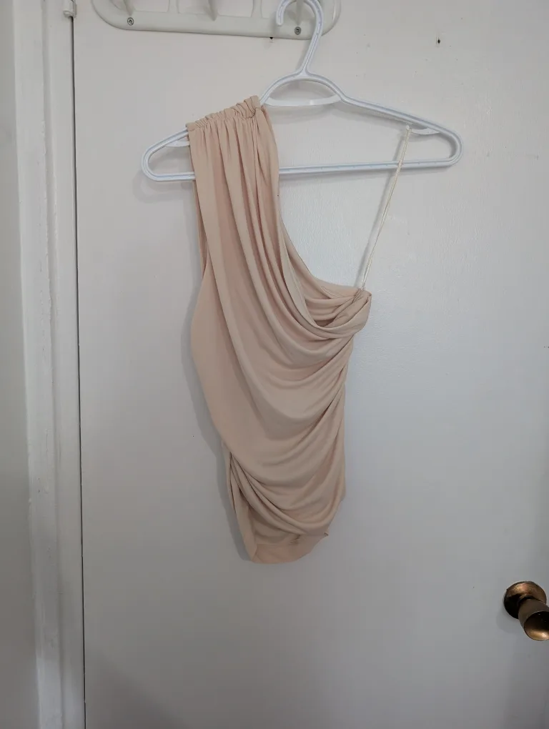 Nude One-Shoulder Draped Mini Dress